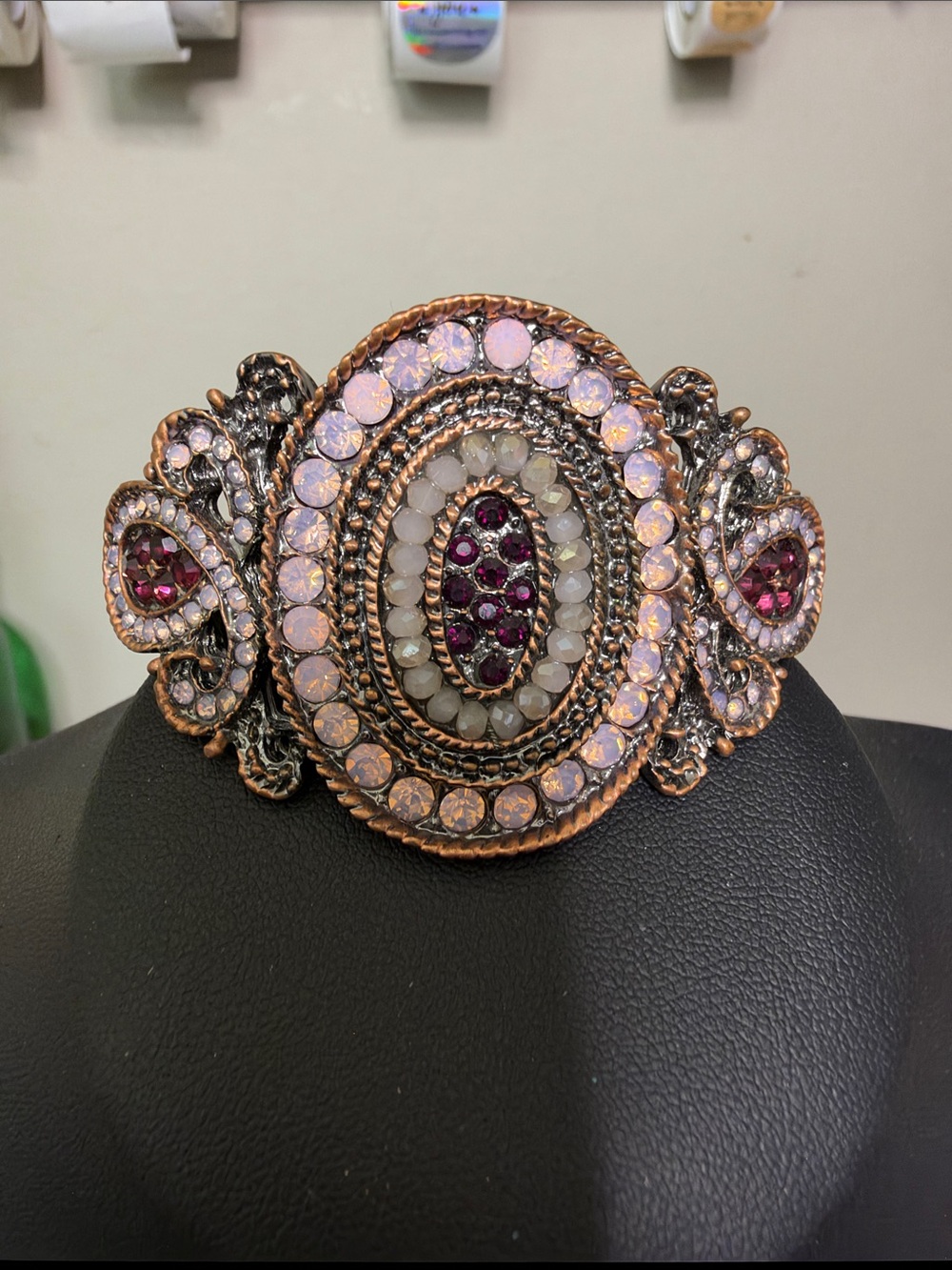 Vintage-Inspired Rhinestone Pink Opalescent & Ruby Accent Statement Bracelet